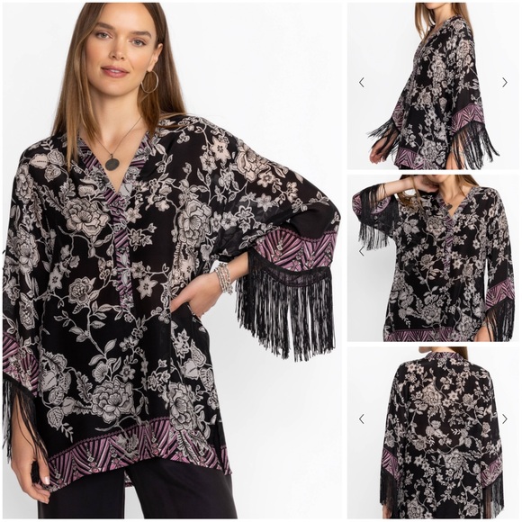 JOHNNY WAS EDINA PINK/BLACK FRINGE BLOUSE 100% Rayon Sz Small NWT MSRP $280 - Picture 1 of 8